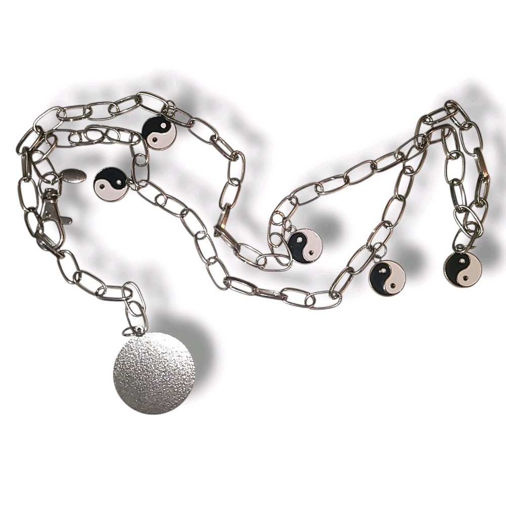 Vintage 90s Yin Yang Silver Tone Chain Belt Adjustable Charm Belt 32–41"